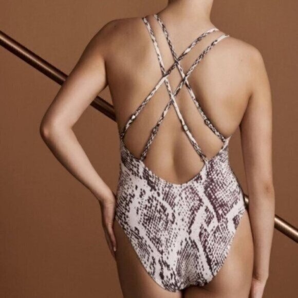 NWT BCBGMaxaria One Piece Bathing Suit Size 10 Animal Snake Print Plunge V Neck - Picture 2 of 9